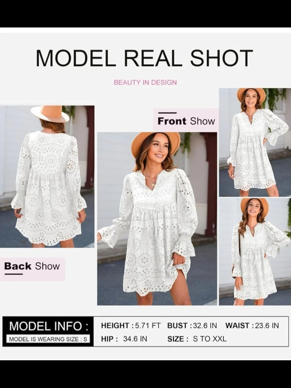 White Eyelet Smocked Mini Dress with Tassel Tie - Picture 6 of 11